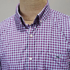 Vineyard Vines red blue checkered plaid performance slim fit tucker shirt
